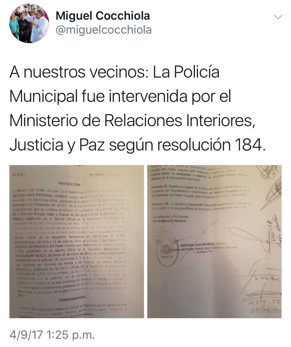 Alcalde Cocchiola denunció intervención de la Policía Municipal de Valencia